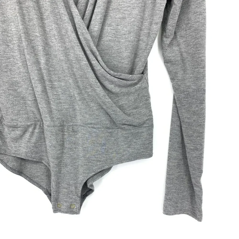 J. Crew Surplice Faux Wrap Neck Long Sleeve Bodysuit Womens Sz M Heather Gray